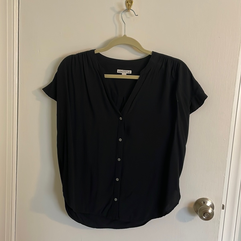 J. Crew mercantile collection, short, ruffled sleeved, black top.